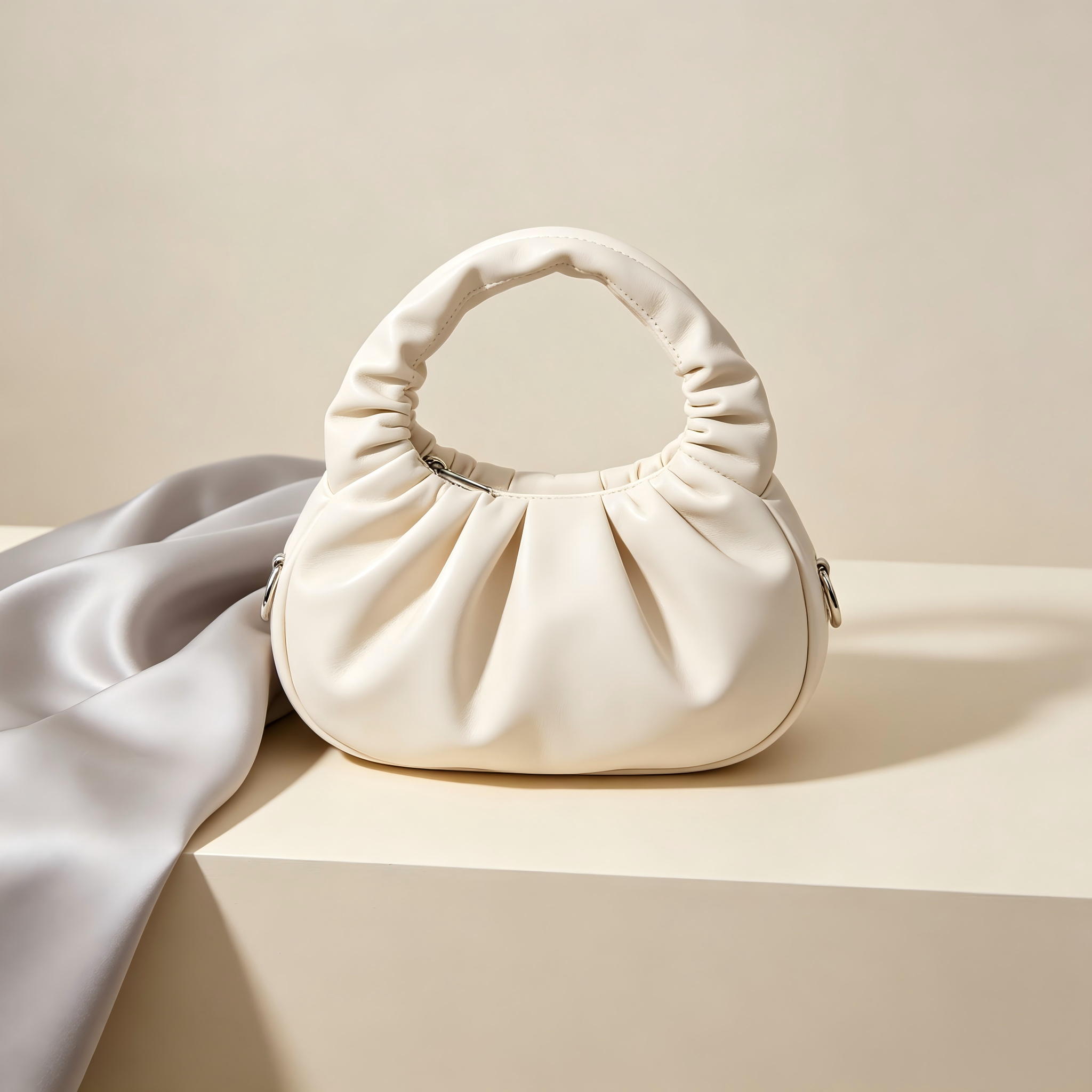 Mirbova Minimalist Cream Ruched Hobo Bag